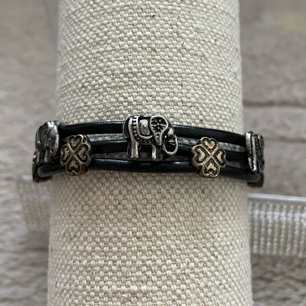 Bohemian Elephant Charm Leather Bracelet with Gold and Silver Accents - Picture 1 of 8